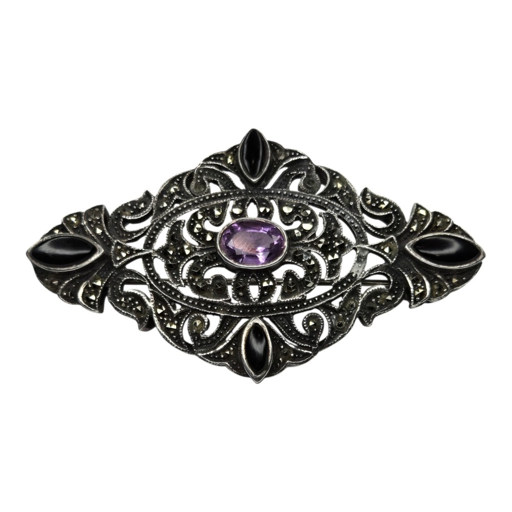 Vintage Brooch Sterling Silver 925 Amethyst Black Onyx Marcasite Pin 12.9g TH